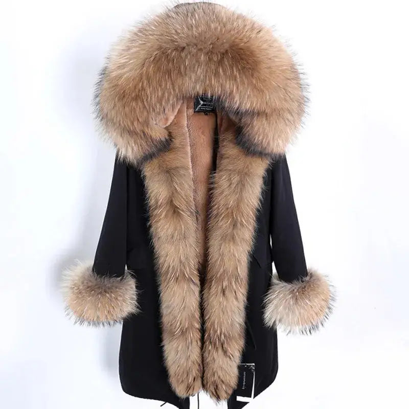 Maomaokong Winter Woman Natural Fur Overcoat Plus Size Black Parkas Raccoon Real Fur Lining Extra Larg Warm Jacket