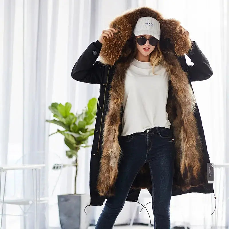 Maomaokong Winter Woman Natural Fur Overcoat Plus Size Black Parkas Raccoon Real Fur Lining Extra Larg Warm Jacket