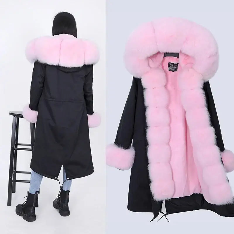 Maomaokong Winter Woman Natural Fur Overcoat Plus Size Black Parkas Raccoon Real Fur Lining Extra Larg Warm Jacket