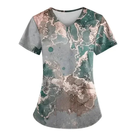 Marble Print Scrubs for Comfortable Nursing Attire with Pockets - Himpall