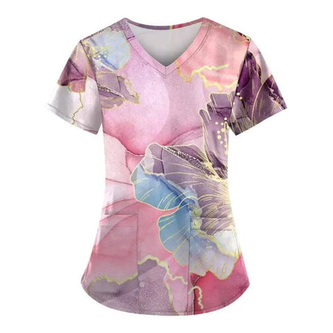 Marble Print Scrubs: Short-Sleeved Tops with Pockets