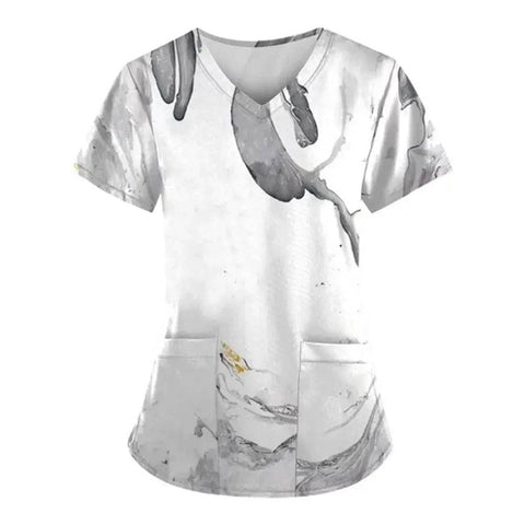 Marble Print Scrubs: Short-Sleeved Tops with Pockets