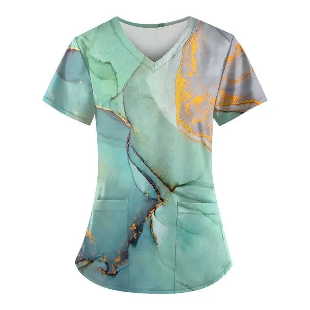 Marble Print Scrubs: Short-Sleeved Tops with Pockets