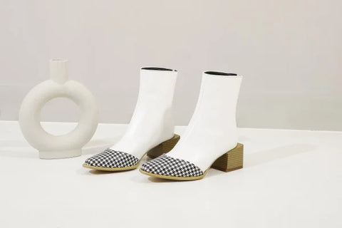 Plus Size British Short Boots Women Pointed Thick Heel Zipper Martin Boots Leather Boots Women - White / 34