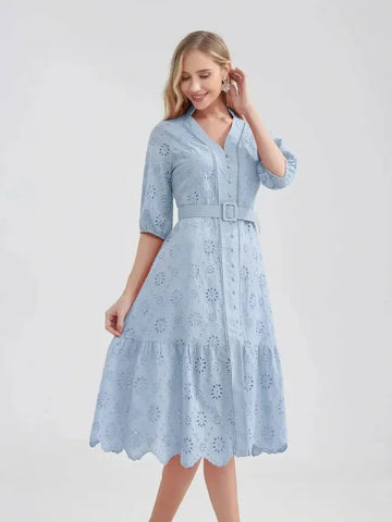 Marwin Cotton Summer Dress – Lightweight V-Neck A-line Dress - Blue / XL