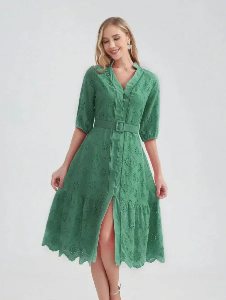 Marwin Cotton Summer Dress – Lightweight V-Neck A-line Dress - Dark Green / XXL