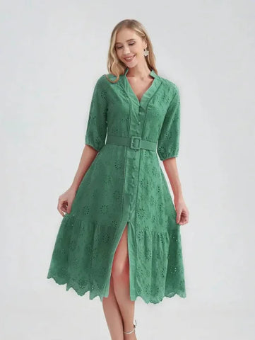 Marwin Cotton Summer Dress – Lightweight V-Neck A-line Dress - Dark Green / XXL