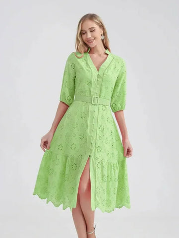 Marwin Cotton Summer Dress – Lightweight V-Neck A-line Dress - Green / XXL