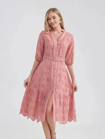 Marwin Cotton Summer Dress – Lightweight V-Neck A-line Dress - Pink / XL