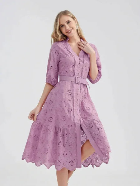 Marwin Cotton Summer Dress – Lightweight V-Neck A-line Dress - Purple / XXL