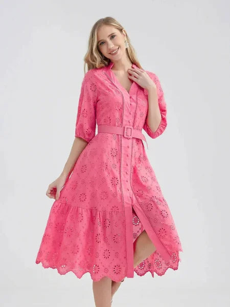 Marwin Cotton Summer Dress – Lightweight V-Neck A-line Dress - Rose Red / S