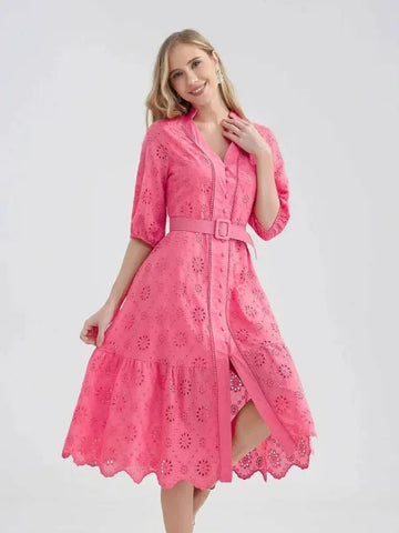 Marwin Cotton Summer Dress – Lightweight V-Neck A-line Dress - Rose Red / S