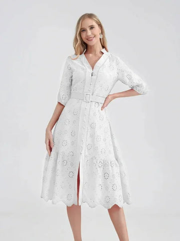 Marwin Cotton Summer Dress – Lightweight V-Neck A-line Dress - White / S