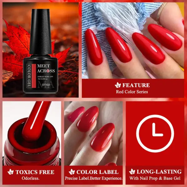 MEET ACROSS 7ml Red Gel Nail Polish Crystal Semi Permanent Soak Off UV Gel Varnish Nail Art Manicure Base Matte Top