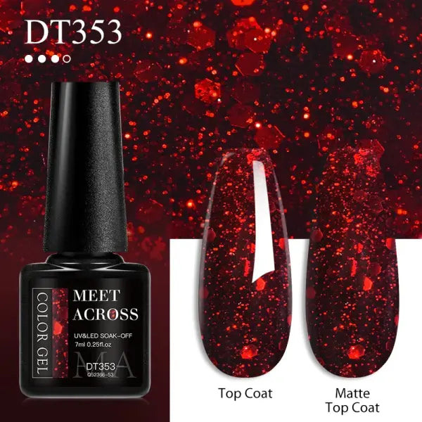 MEET ACROSS 7ml Red Gel Nail Polish Crystal Semi Permanent Soak Off UV Gel Varnish Nail Art Manicure Base Matte Top