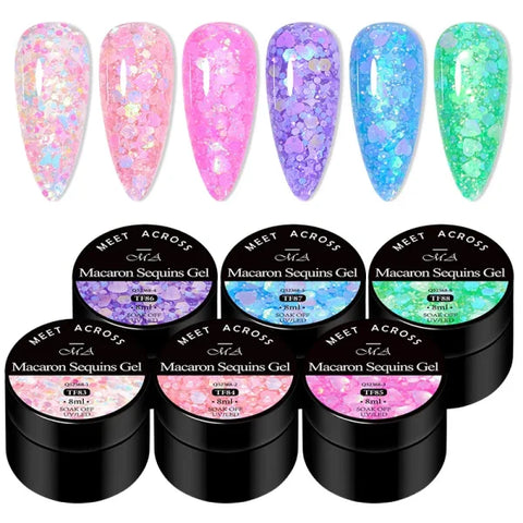 MEET ACROSS Macaron Glitter Nail Gel Polish with Heart Sequins - Himpall