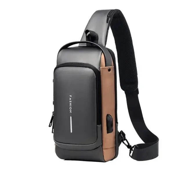 Anti Theft Oxford Sling Pack with USB Charging - Gray and brown-A