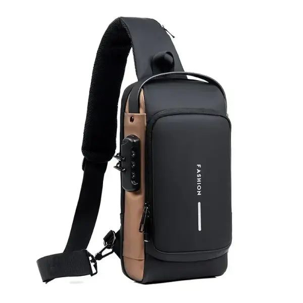 Anti Theft Oxford Sling Pack with USB Charging - Black and brown-A