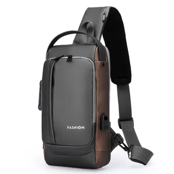 Anti Theft Oxford Sling Pack with USB Charging - Gray-brown-B