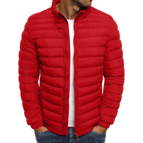 Men-jacket-zipper-solid-color-long-sleeves-pockets-coldproof-autumn - Bright Red / 2XL