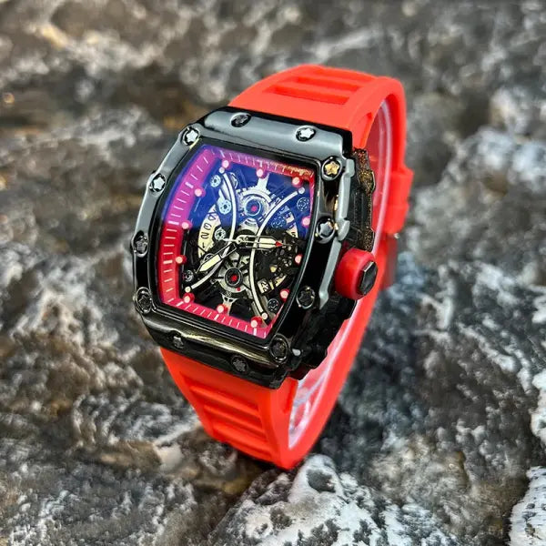 Men Luxury Sports Watch Stainless Steel Quartz Silicone Active Style - Red1