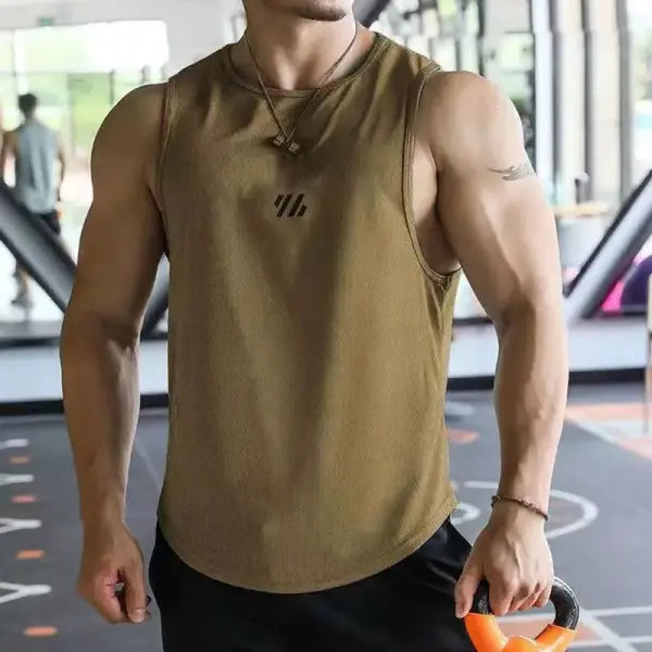 Men Mesh Fitness Tops Breathable Gym Running Vest - khaki / M