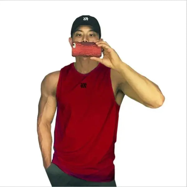 Men Mesh Fitness Tops Breathable Gym Running Vest - red / M