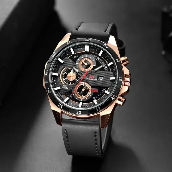 46mm black leather racing series quartz watch rose gold dial for daily wear - 216PH1