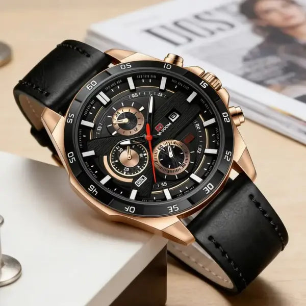 46mm black leather racing series quartz watch rose gold dial for daily wear