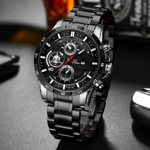 46mm black leather racing series quartz watch rose gold dial for daily wear - 216G-YH