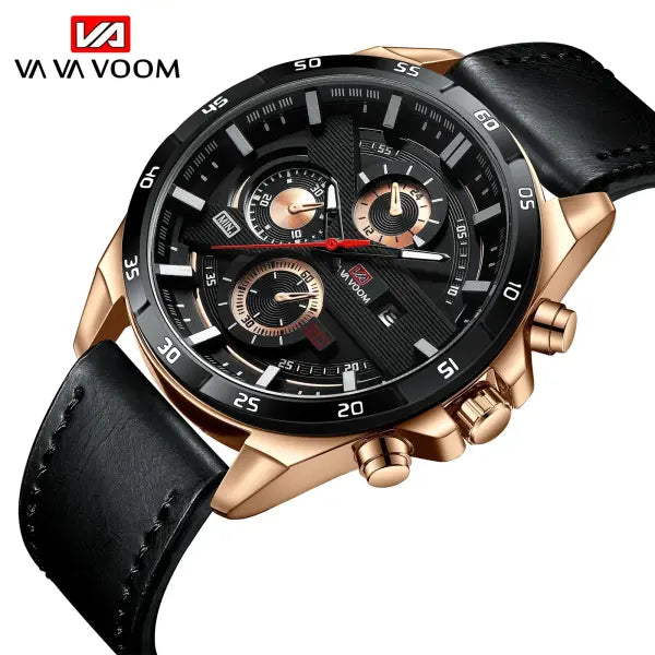 46mm black leather racing series quartz watch rose gold dial for daily wear