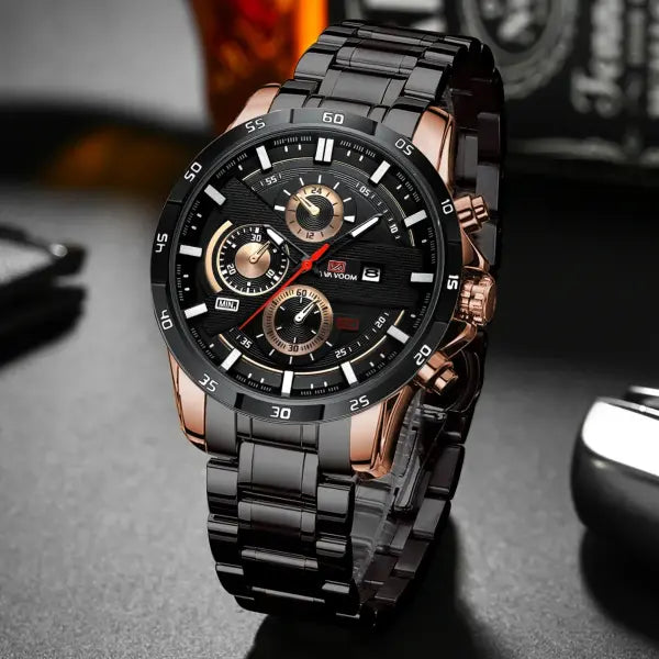 46mm black leather racing series quartz watch rose gold dial for daily wear - 216G-FH
