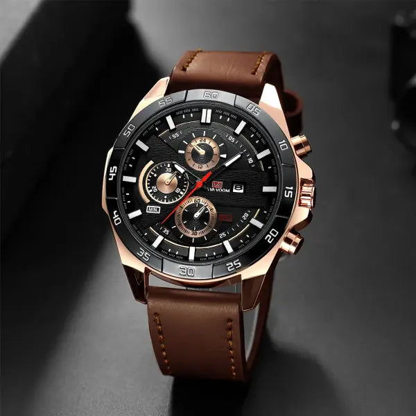 46mm black leather racing series quartz watch rose gold dial for daily wear - 216PZ3
