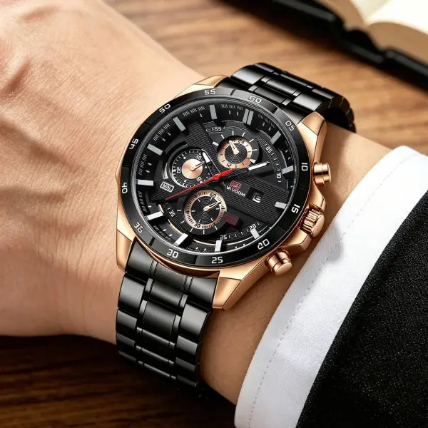46mm black leather racing series quartz watch rose gold dial for daily wear