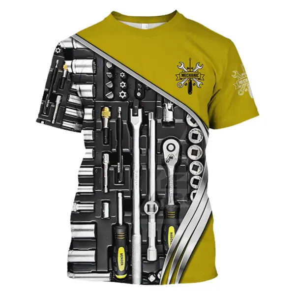 Personalized Mechanic Name T-Shirt - Custom 3D Graphic Workwear Top - Funny Tools Print Performance Tee - Plus Size up