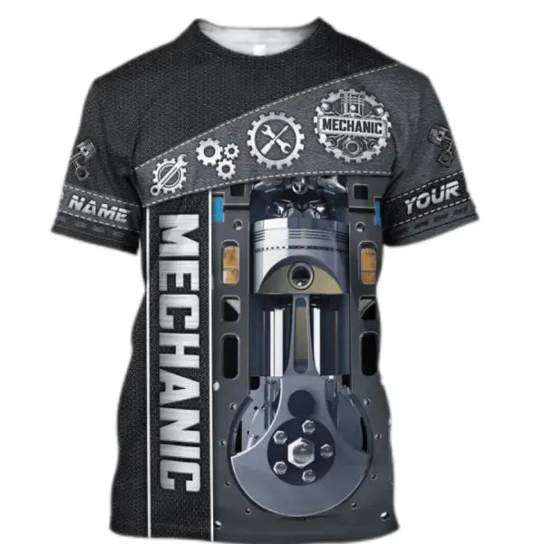 Personalized Mechanic Name T-Shirt - Custom 3D Graphic Workwear Top - Funny Tools Print Performance Tee - Plus Size up