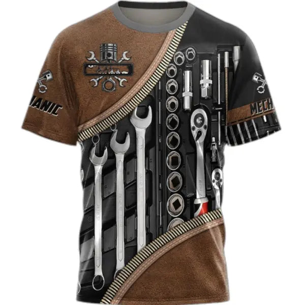 Personalized Mechanic Name T-Shirt - Custom 3D Graphic Workwear Top - Funny Tools Print Performance Tee - Plus Size up