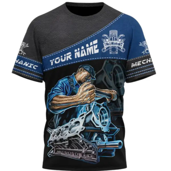 Personalized Mechanic Name T-Shirt - Custom 3D Graphic Workwear Top - Funny Tools Print Performance Tee - Plus Size up