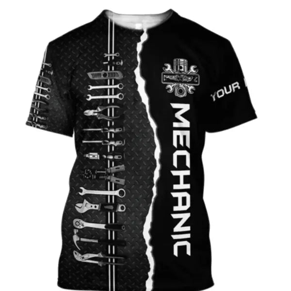Personalized Mechanic Name T-Shirt - Custom 3D Graphic Workwear Top - Funny Tools Print Performance Tee - Plus Size up