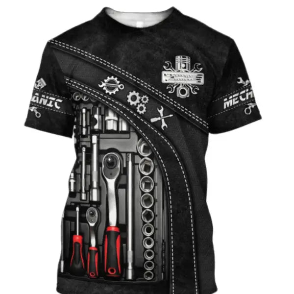Personalized Mechanic Name T-Shirt - Custom 3D Graphic Workwear Top - Funny Tools Print Performance Tee - Plus Size up