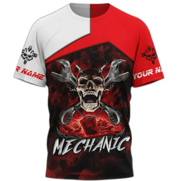 Personalized Mechanic Name T-Shirt - Custom 3D Graphic Workwear Top - Funny Tools Print Performance Tee - Plus Size up