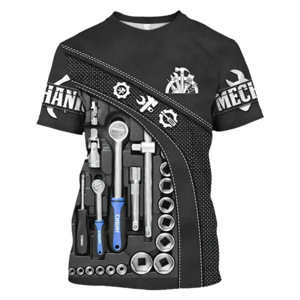 Personalized Mechanic Name T-Shirt - Custom 3D Graphic Workwear Top - Funny Tools Print Performance Tee - Plus Size up