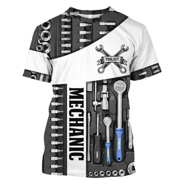 Personalized Mechanic Name T-Shirt - Custom 3D Graphic Workwear Top - Funny Tools Print Performance Tee - Plus Size up