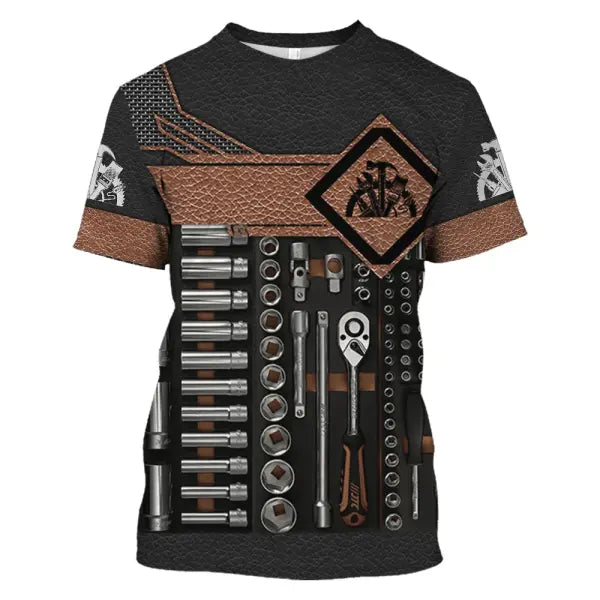 Personalized Mechanic Name T-Shirt - Custom 3D Graphic Workwear Top - Funny Tools Print Performance Tee - Plus Size up