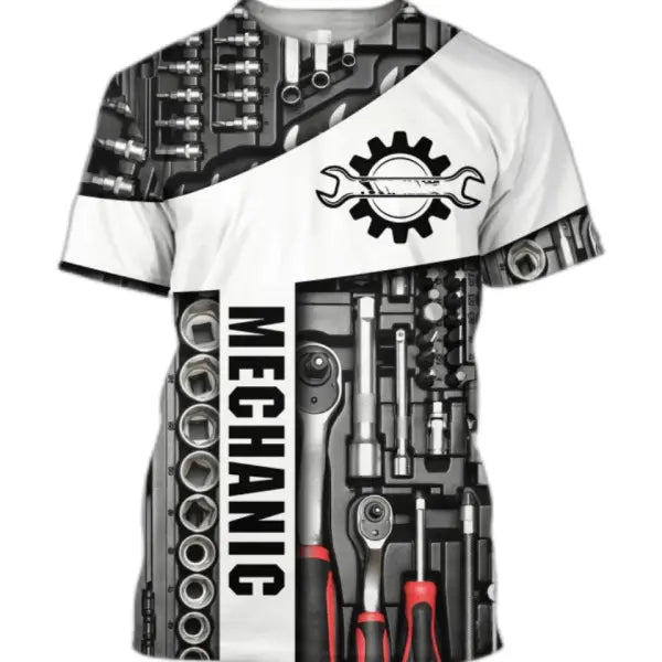 Personalized Mechanic Name T-Shirt - Custom 3D Graphic Workwear Top - Funny Tools Print Performance Tee - Plus Size up