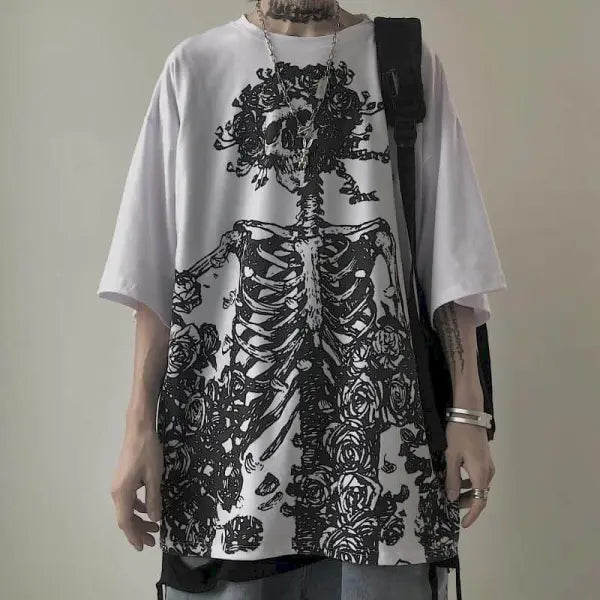 Men’s Gothic Skull Graphic Tee - Oversized Y2K Streetwear Dark Anime Short Sleeve - High Street Goth Summer Top - WHITE