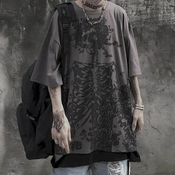 Men’s Gothic Skull Graphic Tee - Oversized Y2K Streetwear Dark Anime Short Sleeve - High Street Goth Summer Top