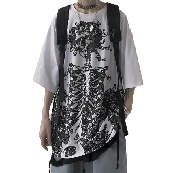 Men’s Gothic Skull Graphic Tee - Oversized Y2K Streetwear Dark Anime Short Sleeve - High Street Goth Summer Top