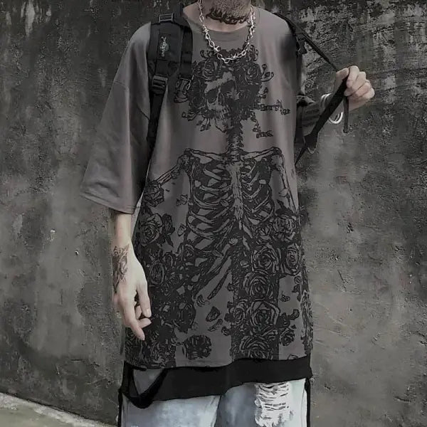 Men’s Gothic Skull Graphic Tee - Oversized Y2K Streetwear Dark Anime Short Sleeve - High Street Goth Summer Top