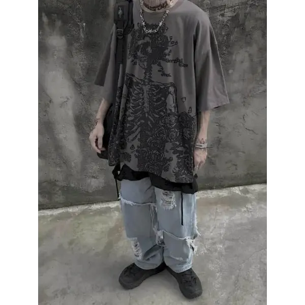 Men’s Gothic Skull Graphic Tee - Oversized Y2K Streetwear Dark Anime Short Sleeve - High Street Goth Summer Top